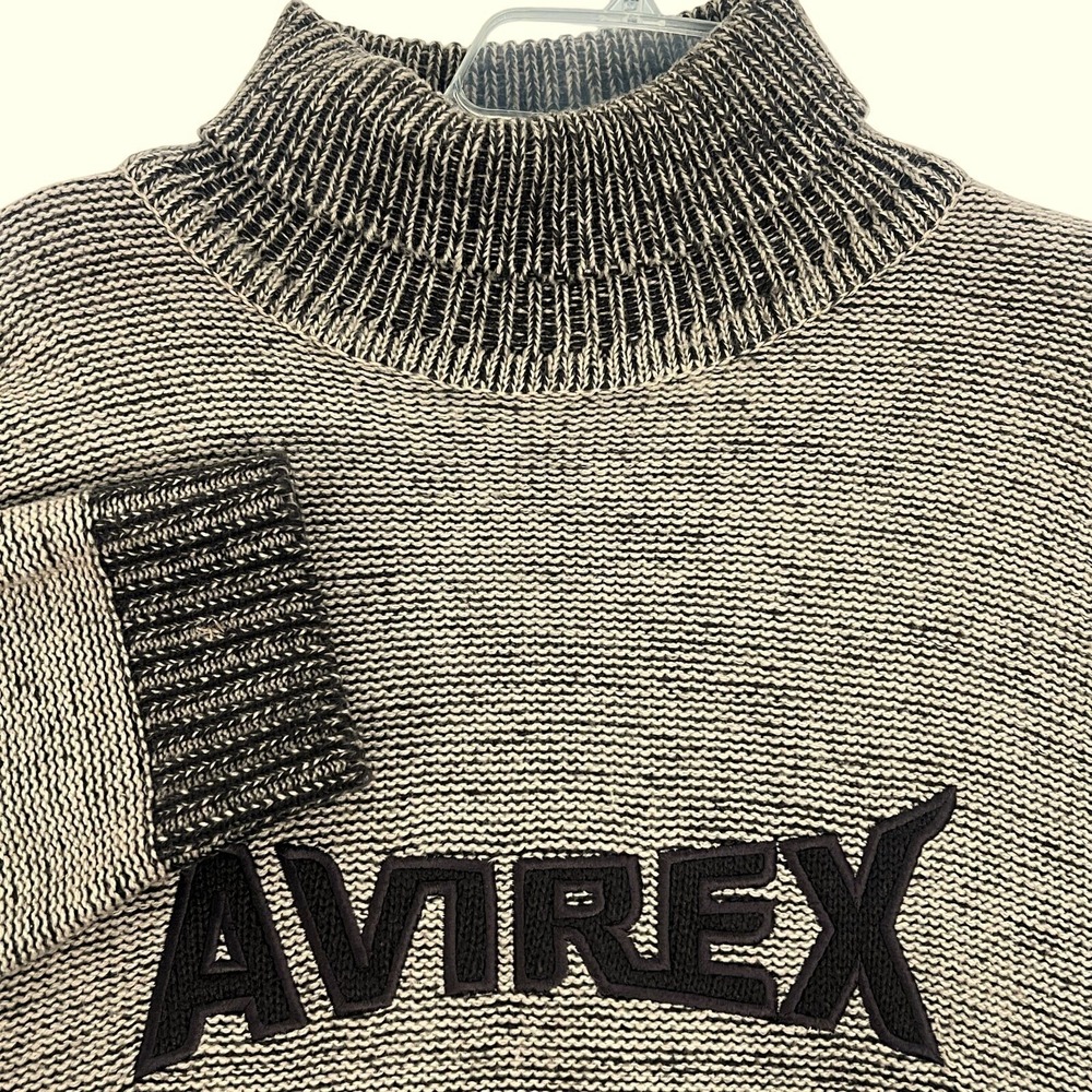 Avirex Sweater Wool 3XL Beige Brown Turtleneck Chunky Knit Logo Ribbed‎ Pullover